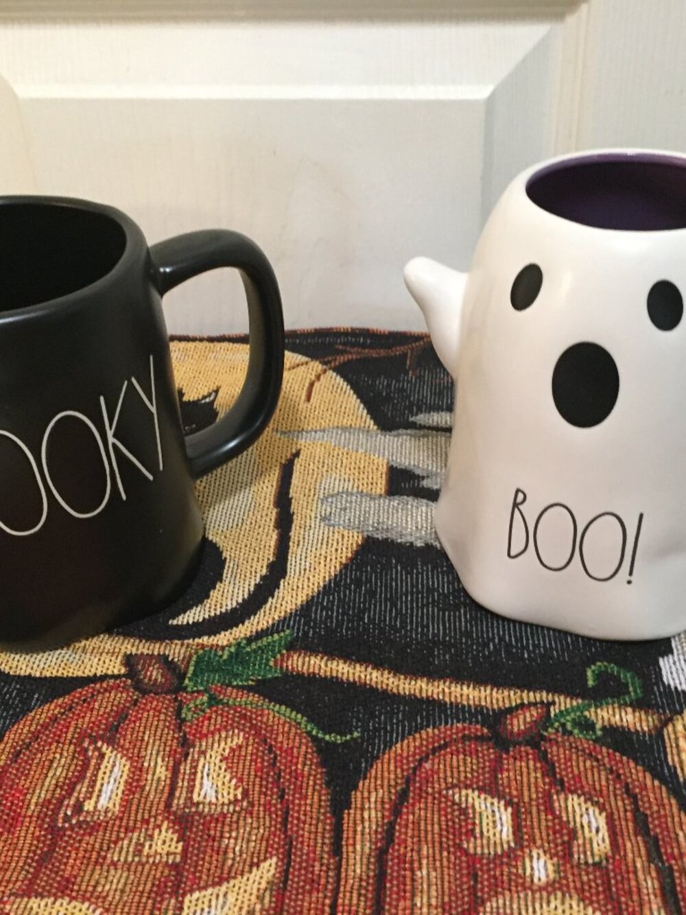Rae Dunn Halloween Mug Set of 2, Ghost "Boo" Black "Spooky" Mug 5"